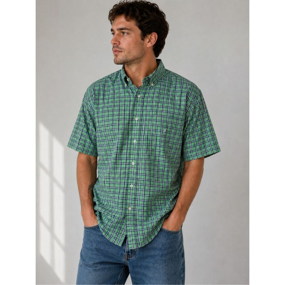 Chaps Men’s XXL Green Blue Plaid Button Front Shirt Easy Care Cotton Blend